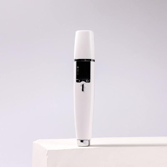 estellaFACE portable skincare device in a sleek white design, positioned upright on a plain white surface. The device features a black display and silver detailing at the base. It offers 3 adjustable ultrasound frequencies and 8 skincare programs tailored specifically for facial treatments, ensuring versatile and professional-quality skincare solutions.