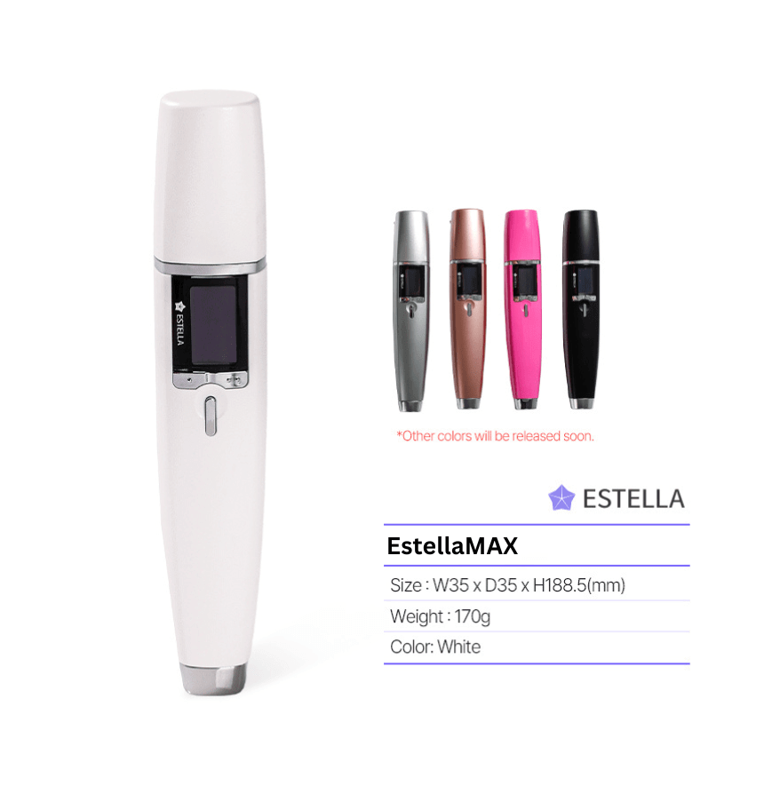  The EstellaMAX  ultrasonic skincare device, available in white, silver, rose gold, pink, and black, is sleek, compact (W35xD35xH188.5mm, 170g), and perfect for travel.